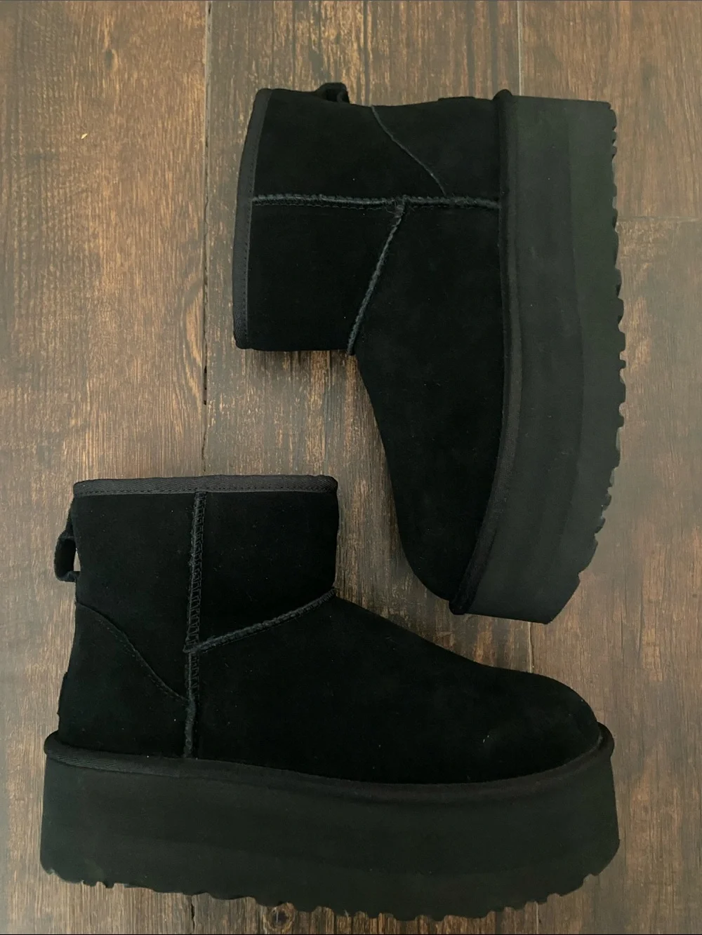UGG Black Suede Platform Mini Shearling Winter Boots, size 9